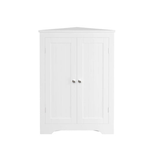 White corner linen cabinet with two beadboard doors and chrome knobs freestanding bathroom storage on Tampa Home & Garden Store