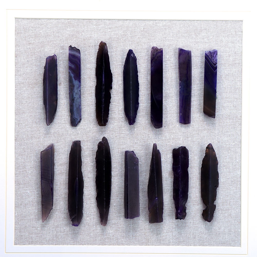 Grace Purple Agate Shadow Boxes Wall Art set of 2 with purple agate slices on fabric backdrop on Tampa Home & Garden Store