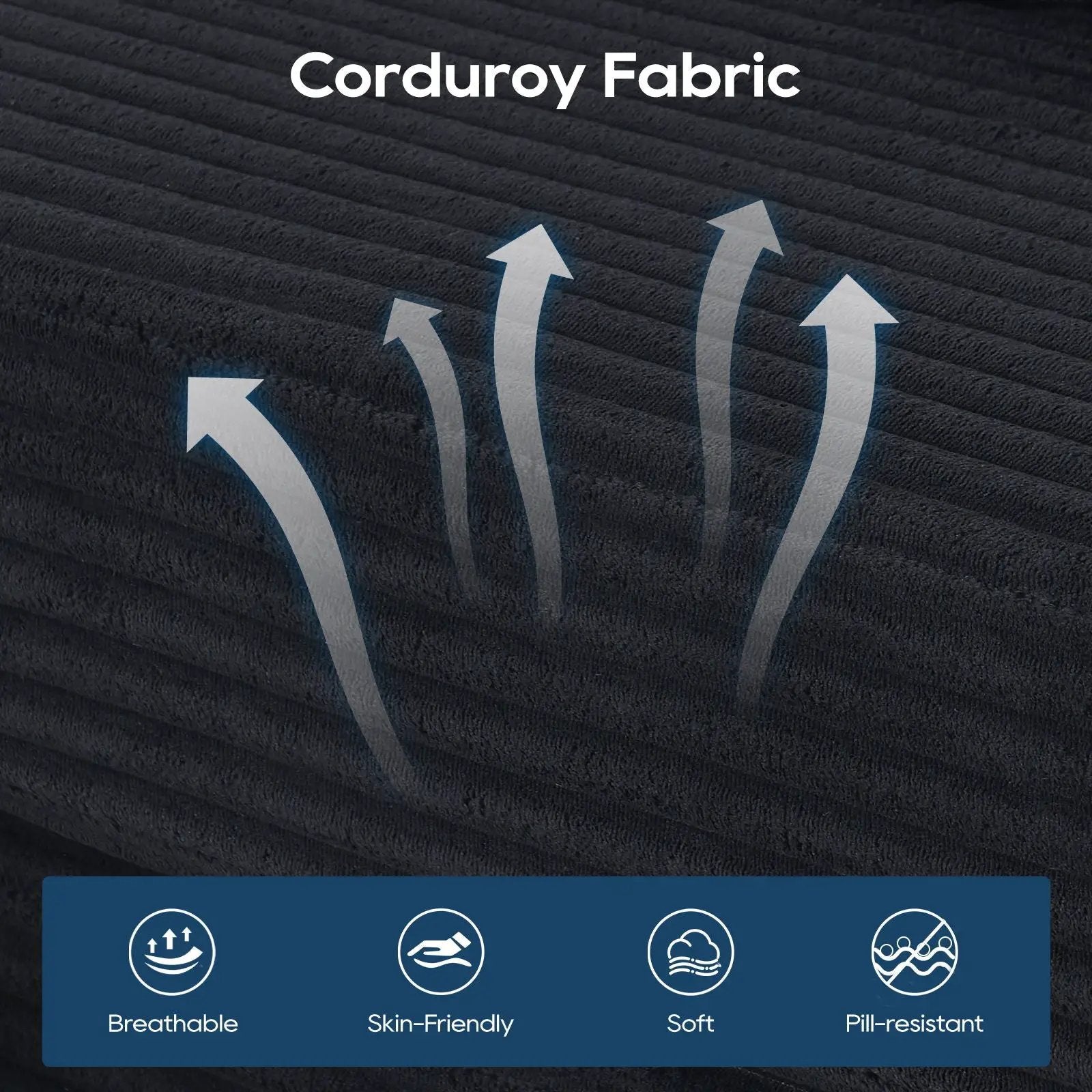 Modern L-Shaped Sectional Couch Memory Foam in dark charcoal corduroy close-up with arrows on Tampa Home & Garden Store