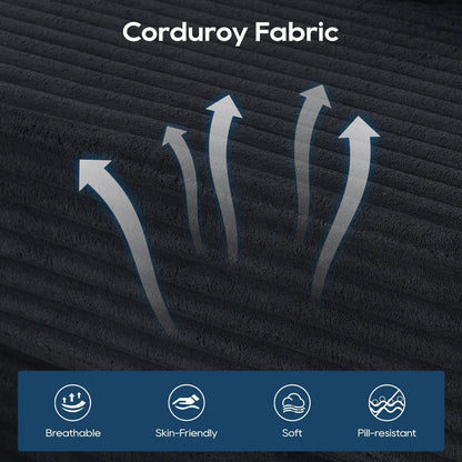Modern L-Shaped Sectional Couch Memory Foam in dark charcoal corduroy close-up with arrows on Tampa Home & Garden Store