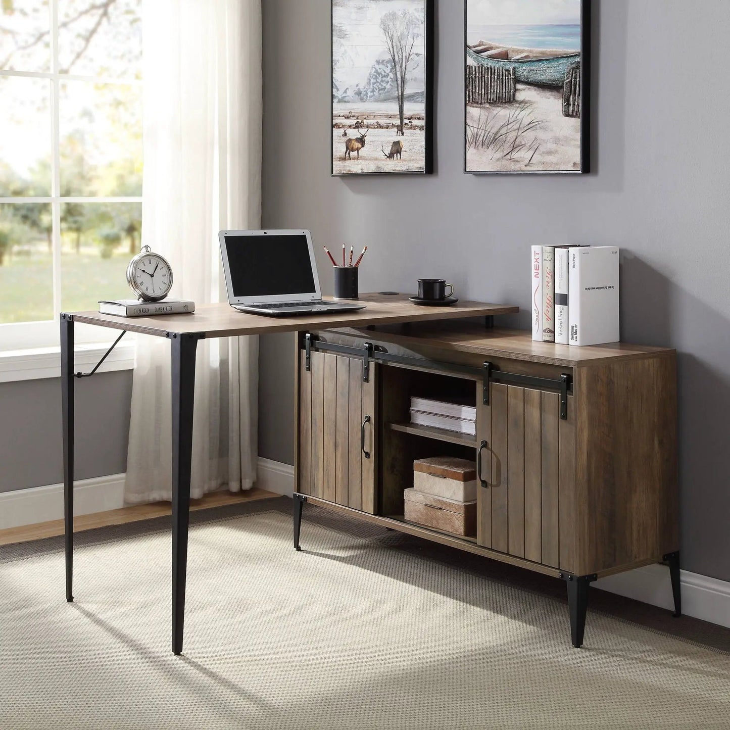 Zakwani wood corner writing desk with black metal legs laptop clock books storage cabinet on Tampa Home & Garden Store