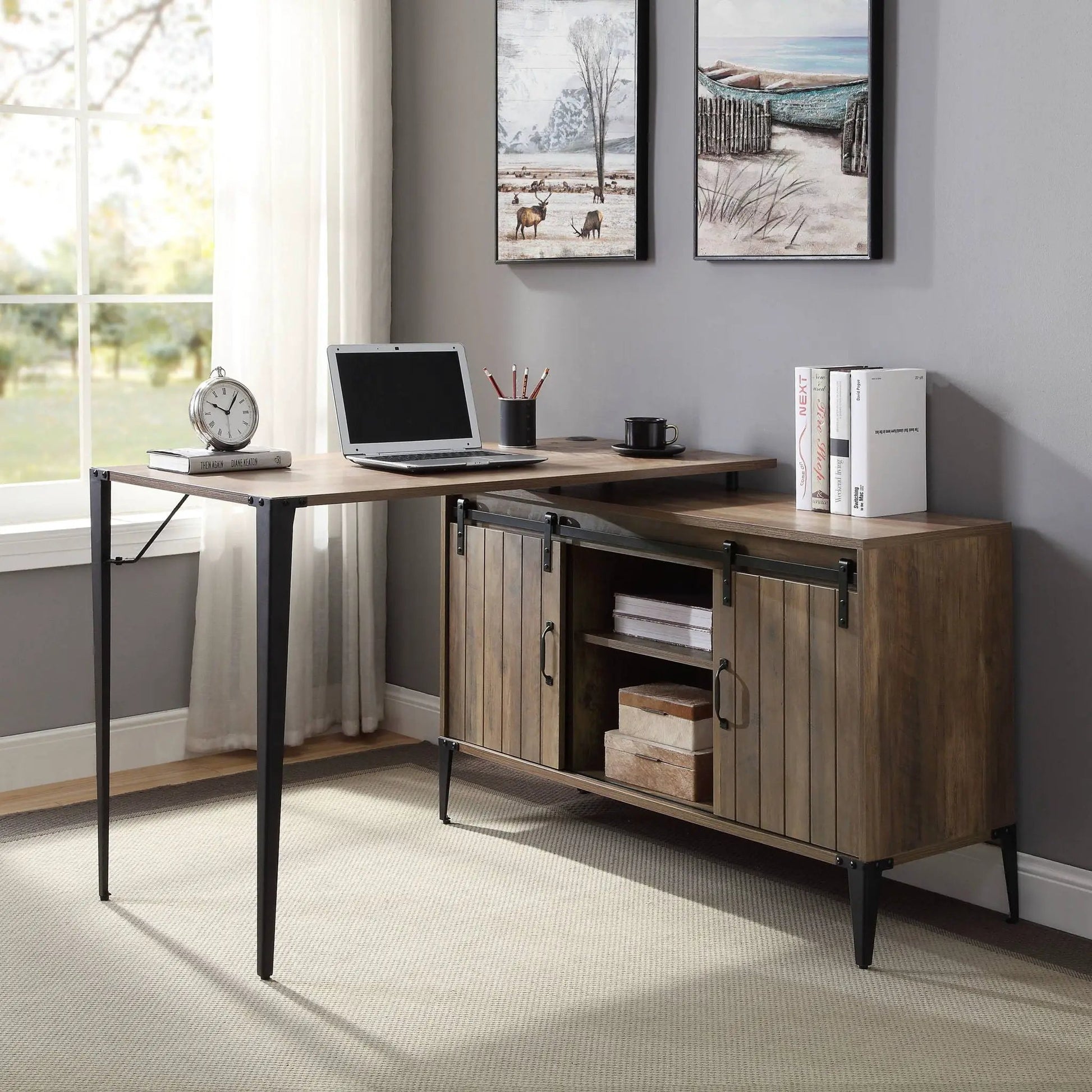 Zakwani wood corner writing desk with black metal legs laptop clock books storage cabinet on Tampa Home & Garden Store