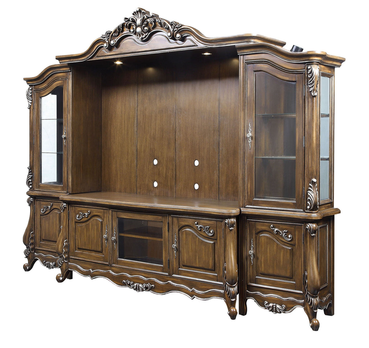 Latisha Entertainment Center antique oak with ornate carved crown and glass-front panels on Tampa Home & Garden Store