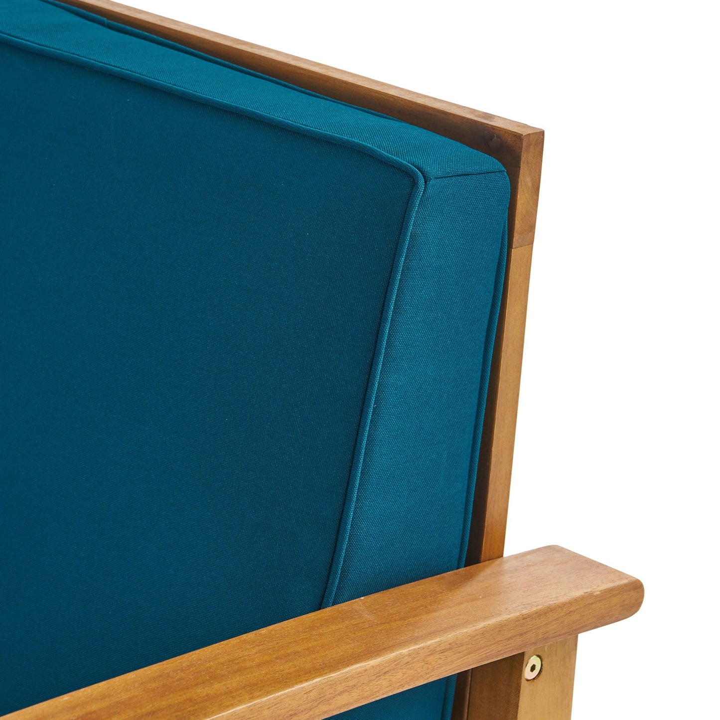 Perla Contemporary Club Chair teal water-resistant cushion with wooden arm frame on Tampa Home & Garden Store