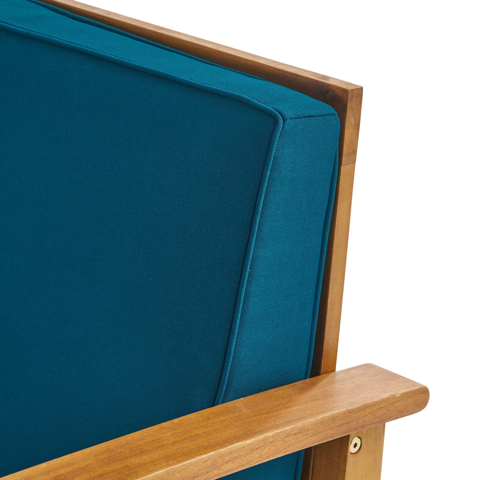 Perla Contemporary Club Chair teal water-resistant cushion with wooden arm frame on Tampa Home & Garden Store