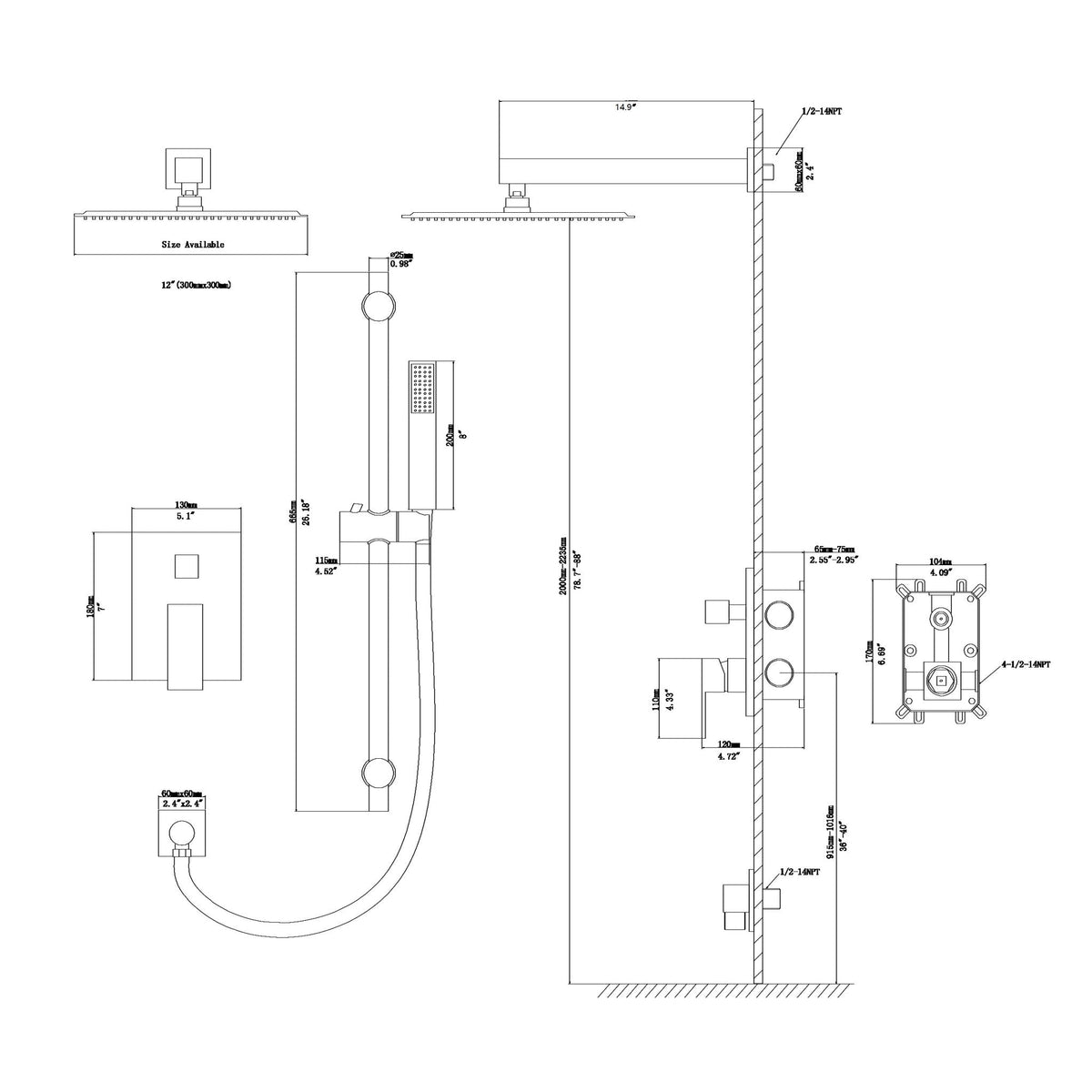 Wall mounted shower system with adjustable slide bar in matte black by HouseOfZazla schematic on Tampa Home & Garden Store