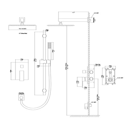 Wall mounted shower system with adjustable slide bar in matte black by HouseOfZazla schematic on Tampa Home & Garden Store