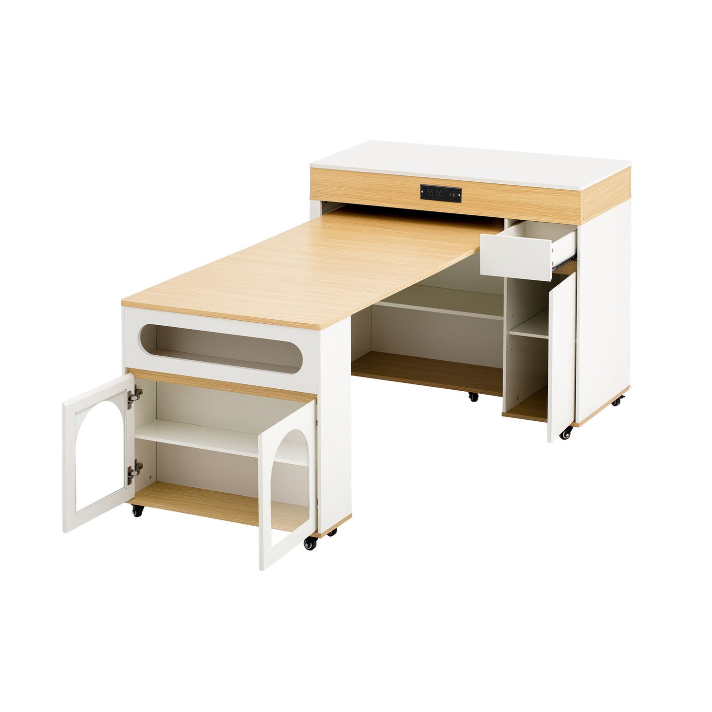 Extendable dining table with folding top and rolling island with drawers and power outlet on Tampa Home & Garden Store