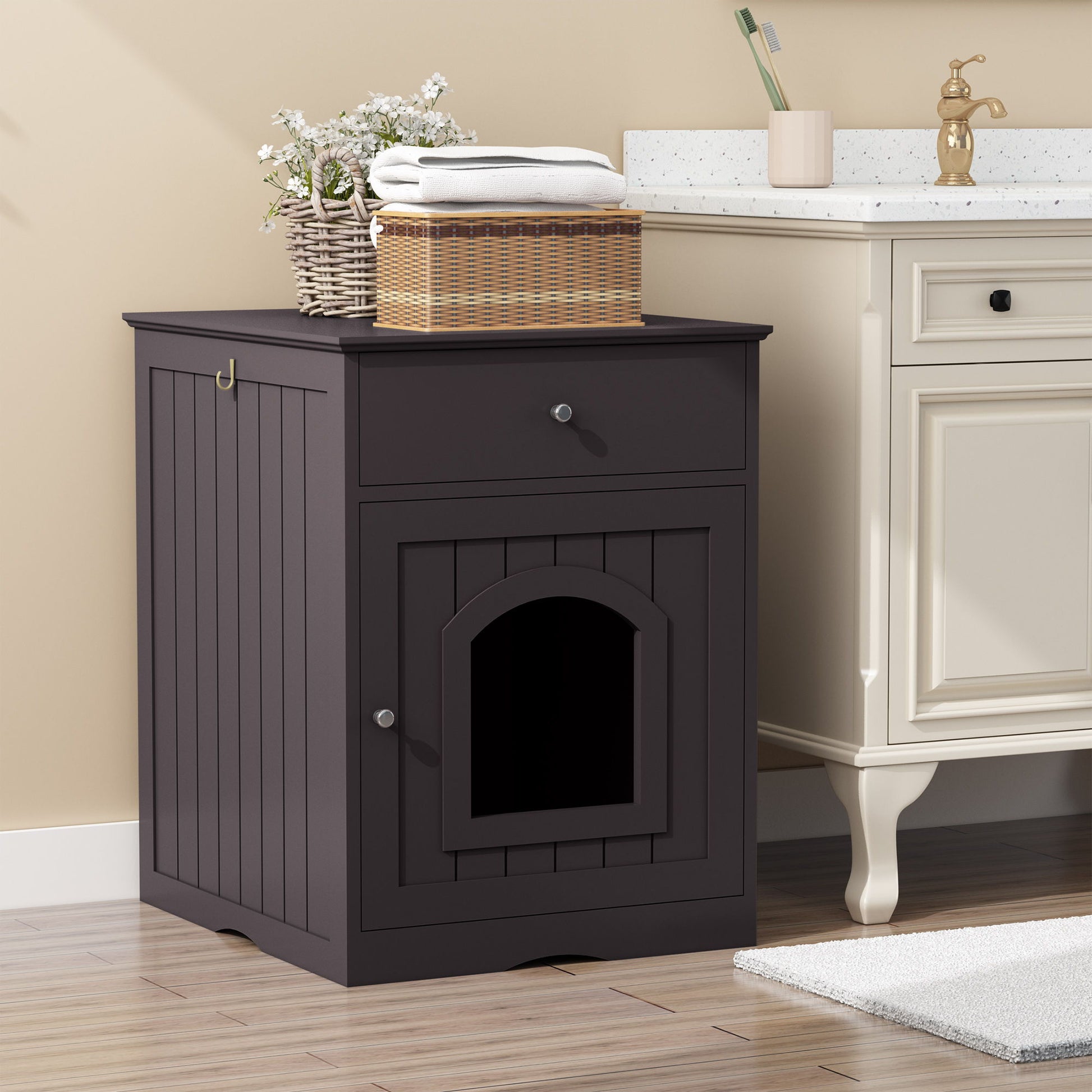 Pet House Cat Litter Box Enclosure With Drawer Side Table in dark gray arched entry on Tampa Home & Garden Store