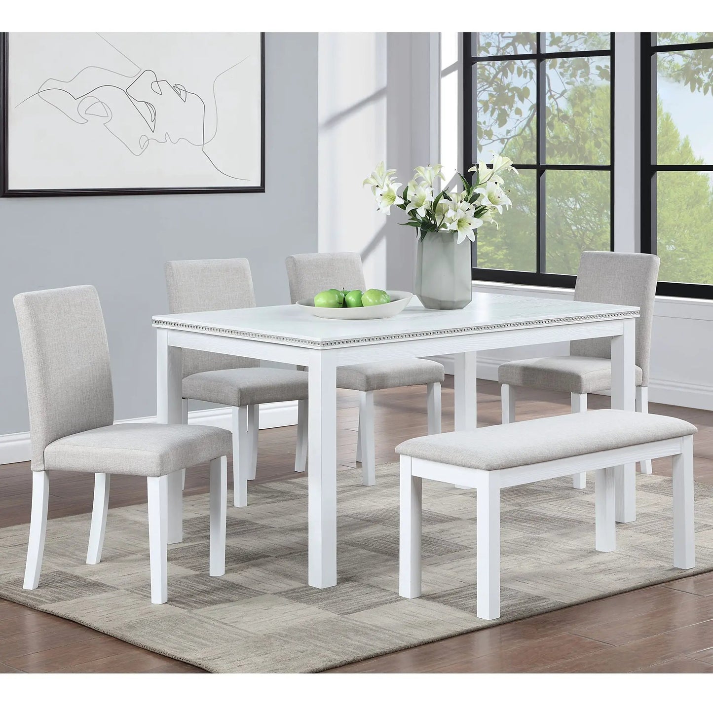 Dining Table Set Crystal Decoration And Upholstered Chairs white table with crystal trim on Tampa Home & Garden Store