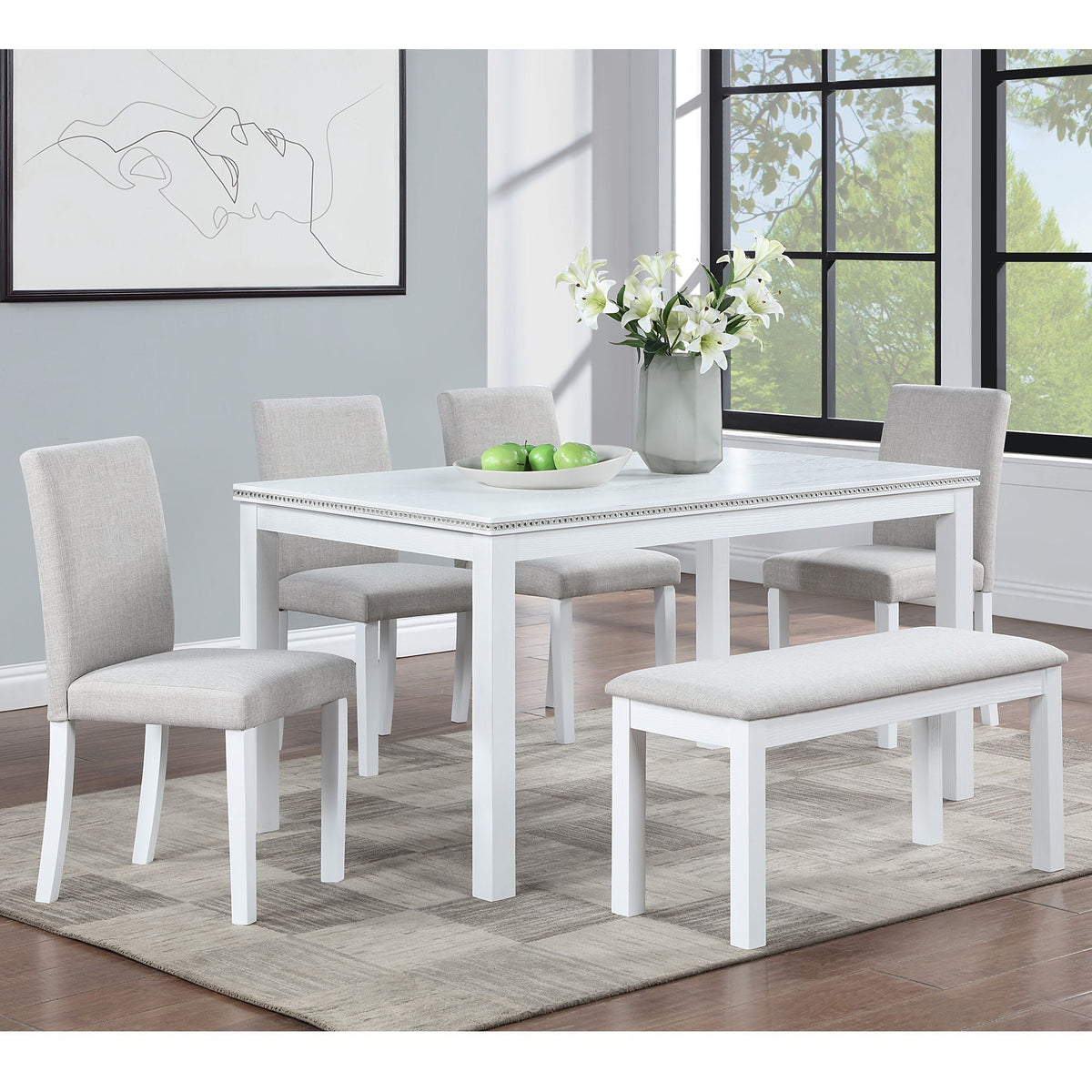 White dining table with crystal edge and gray upholstered chairs, 5-piece set HouseOfZazla on Tampa Home & Garden Store