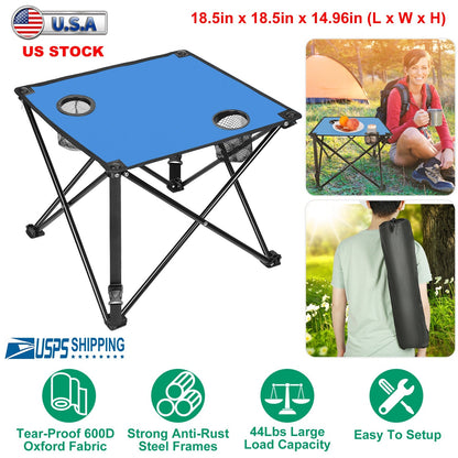 GemGear foldable camping table with blue top, two cup holders, steel frame, carrying bag on Tampa Home & Garden Store