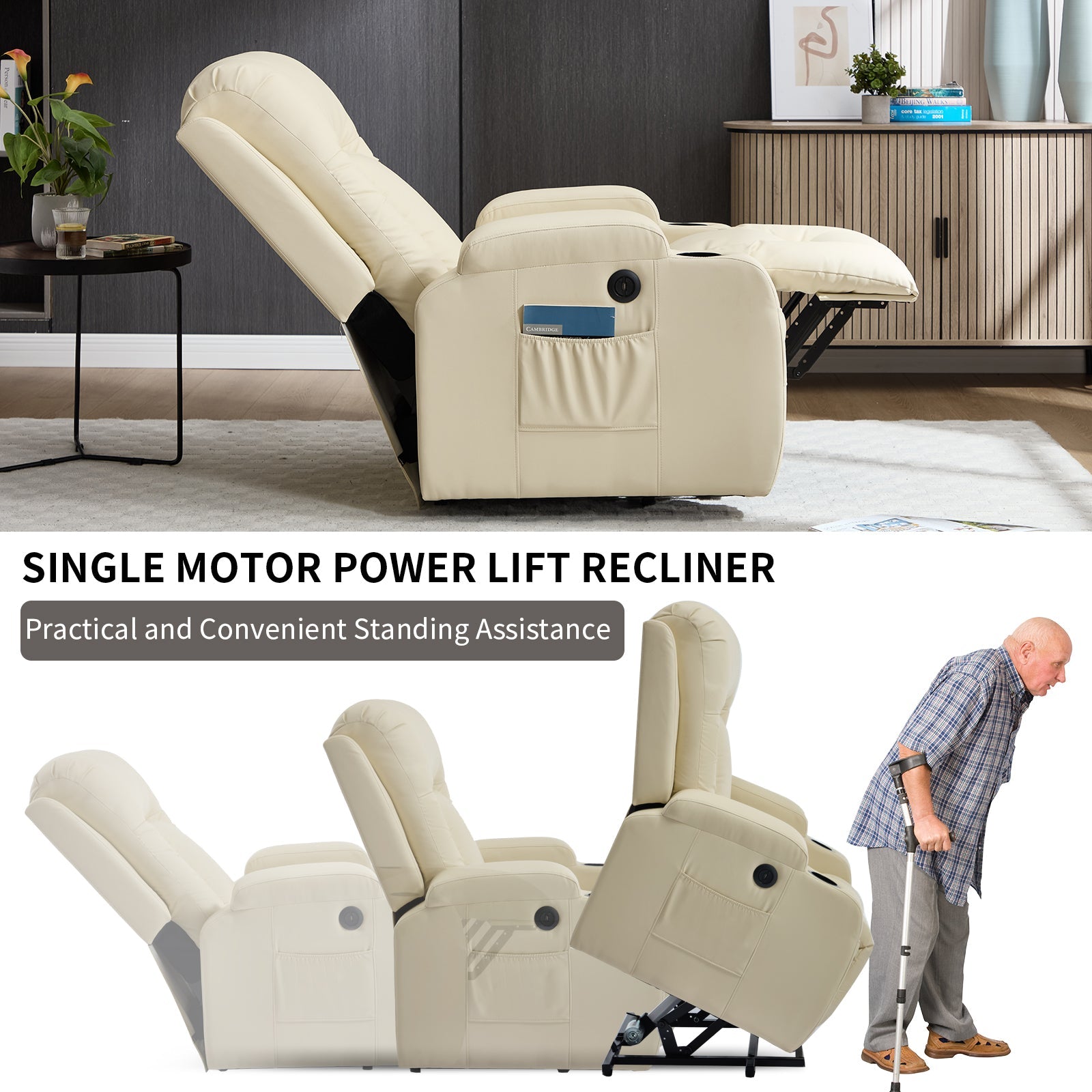 Power Lift Recliner Chair in beige PU with infinite position recline HouseOfZazla on Tampa Home & Garden Store
