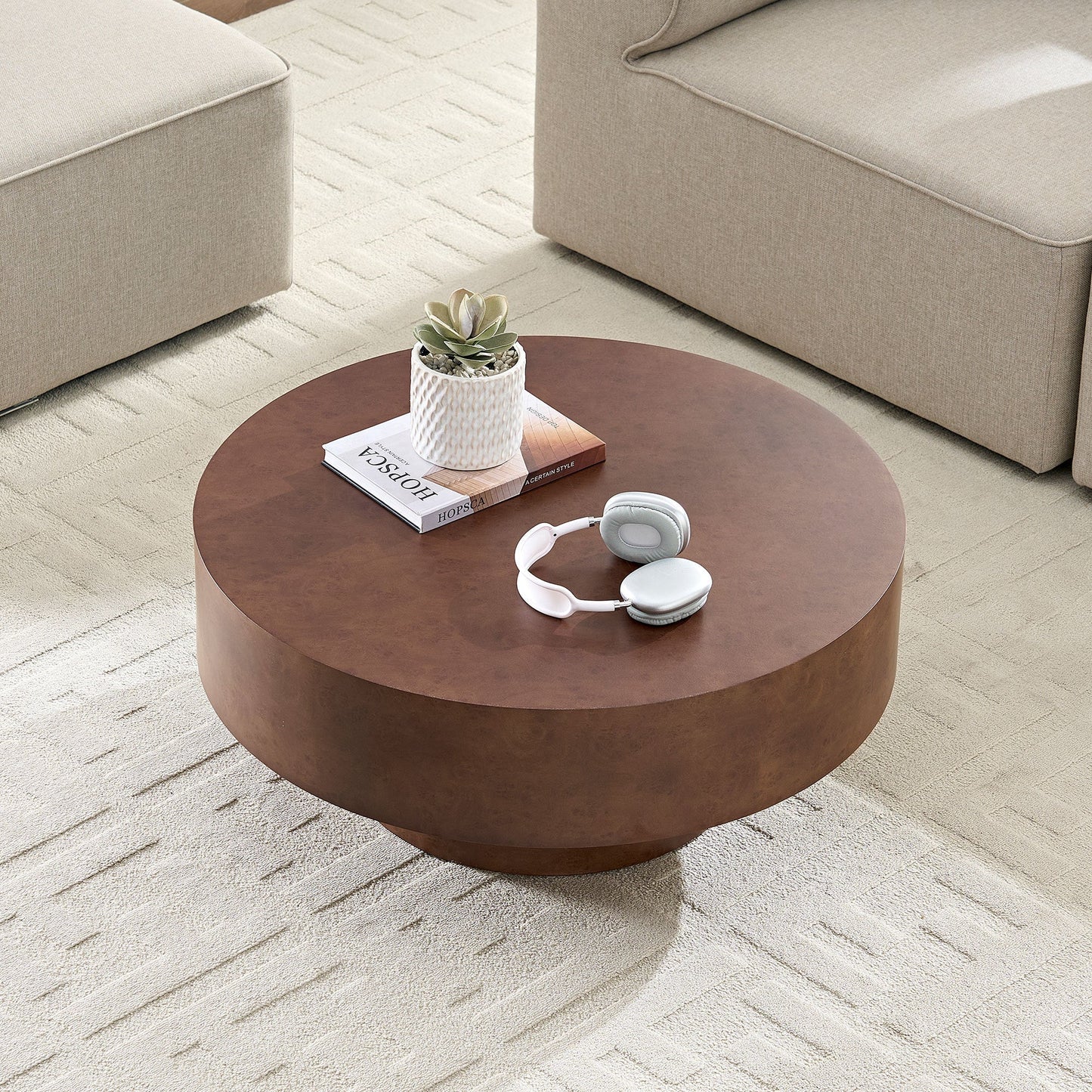 31.49'' Faux Burl Wood Round Coffee Table with Sturdy Pedestal in beige with a white-pot succulent on Tampa Home & Garden Store