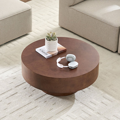 31.49'' Faux Burl Wood Round Coffee Table with Sturdy Pedestal in beige with a white-pot succulent on Tampa Home & Garden Store