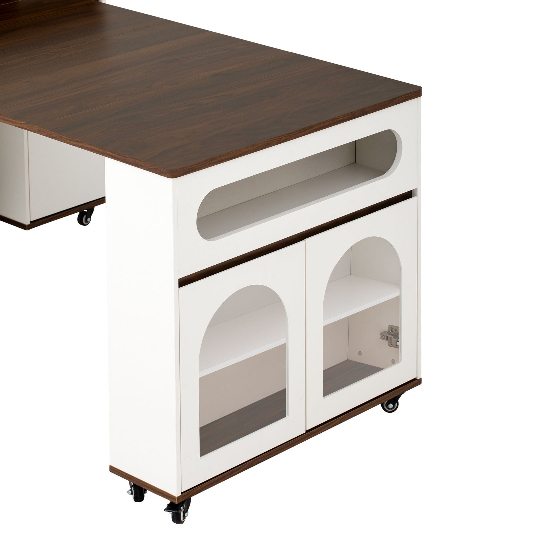 Extendable white dining table with folding top and rolling island with drawers and open shelves on Tampa Home & Garden Store