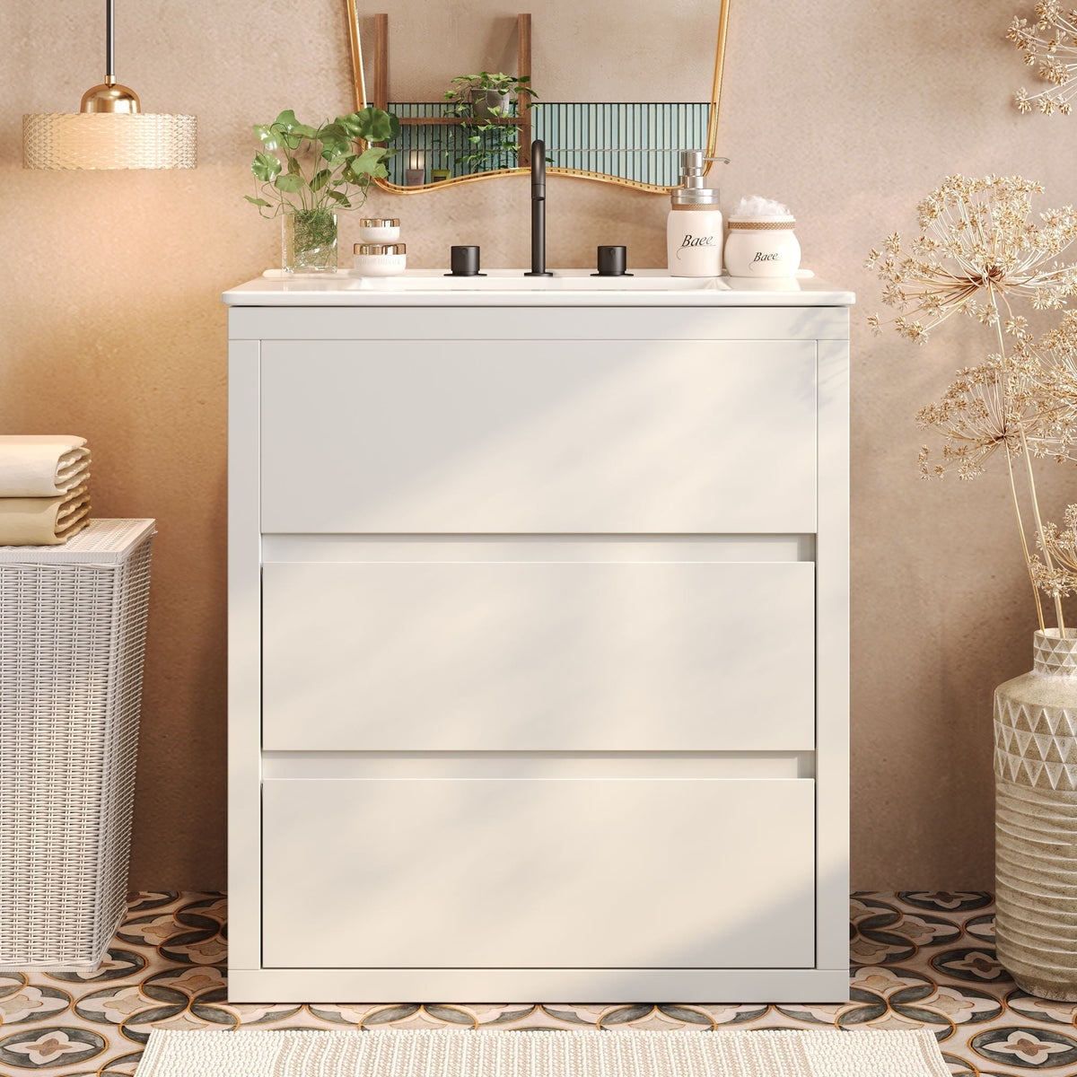 Freestanding bathroom vanity with ceramic sink, white finish, black faucet, 2-drawer vanity on Tampa Home & Garden Store