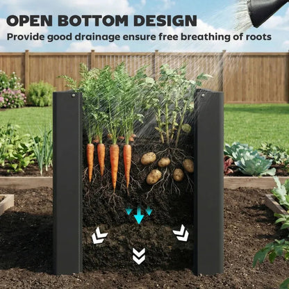 HouseOfZazla modern elevated planter bed in black with open bottom design and thriving carrots and potatoes on Tampa Home & Garden Store