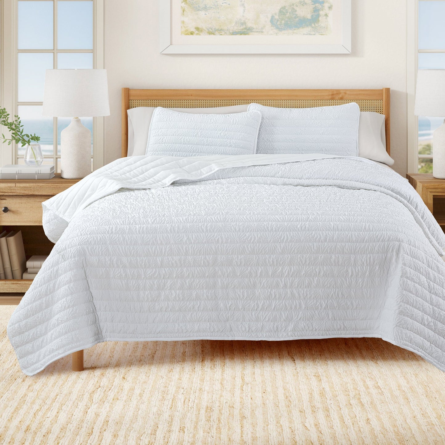 Crisp White Floral Embossed Quilt Set Reversible