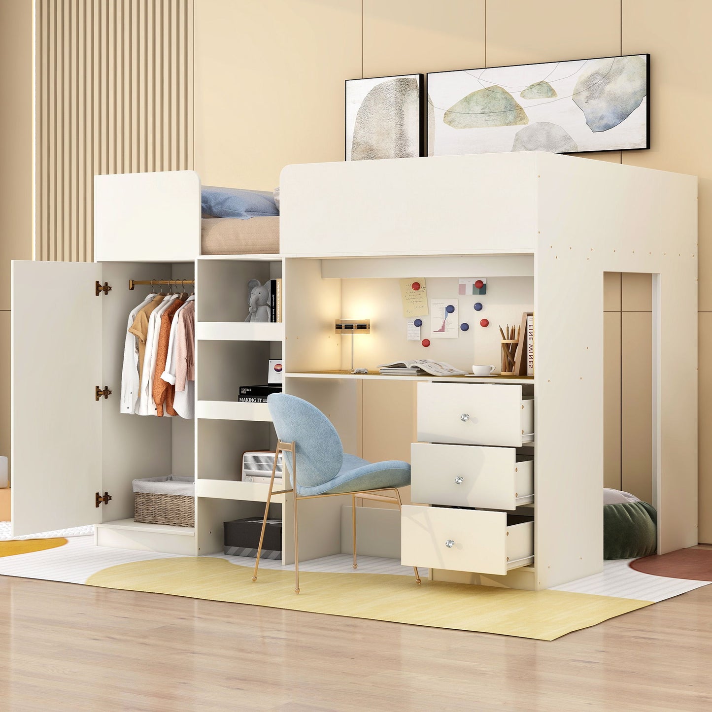 Loft bed with built-in wardrobe, desk, shelves and drawers in white with a light blue desk chair on Tampa Home & Garden Store