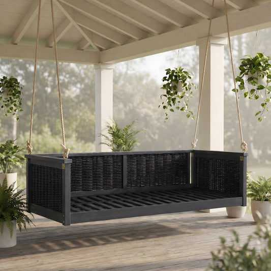 TOPMAX Outdoor Classic Solid Wood Swing Bed Twin Size with woven black wicker sides on Tampa Home & Garden Store