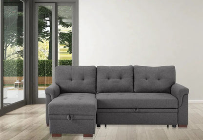 Destiny reversible sleeper sectional sofa with storage chaise in gray fabric, tufted backs on Tampa Home & Garden Store