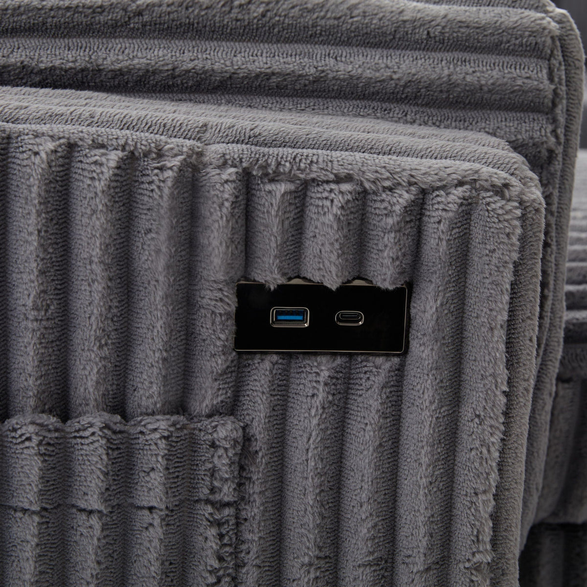 Convertible U-Shaped Sectional Sofa Bed with USB ports and storage in gray plush fabric on Tampa Home & Garden Store