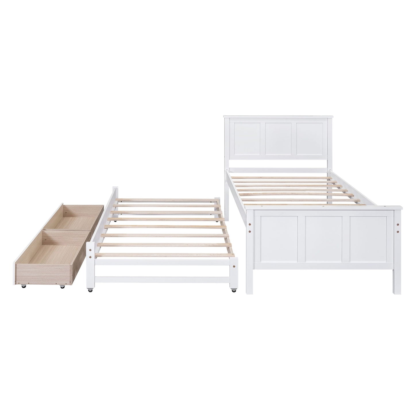 White platform bed with trundle and drawers, wood slat base, HouseOfZazla on Tampa Home & Garden Store