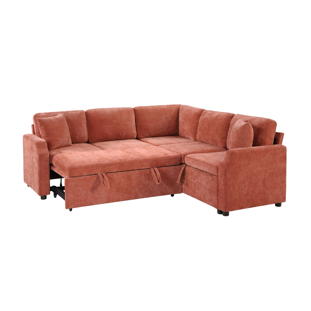 Modern L-shaped sleeper sectional with hidden storage in coral velvet upholstery on Tampa Home & Garden Store
