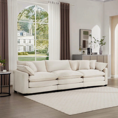 Mid-Century Modern 3-Seater sectional sofa in cream textured fabric with arm and throw pillows on Tampa Home & Garden Store