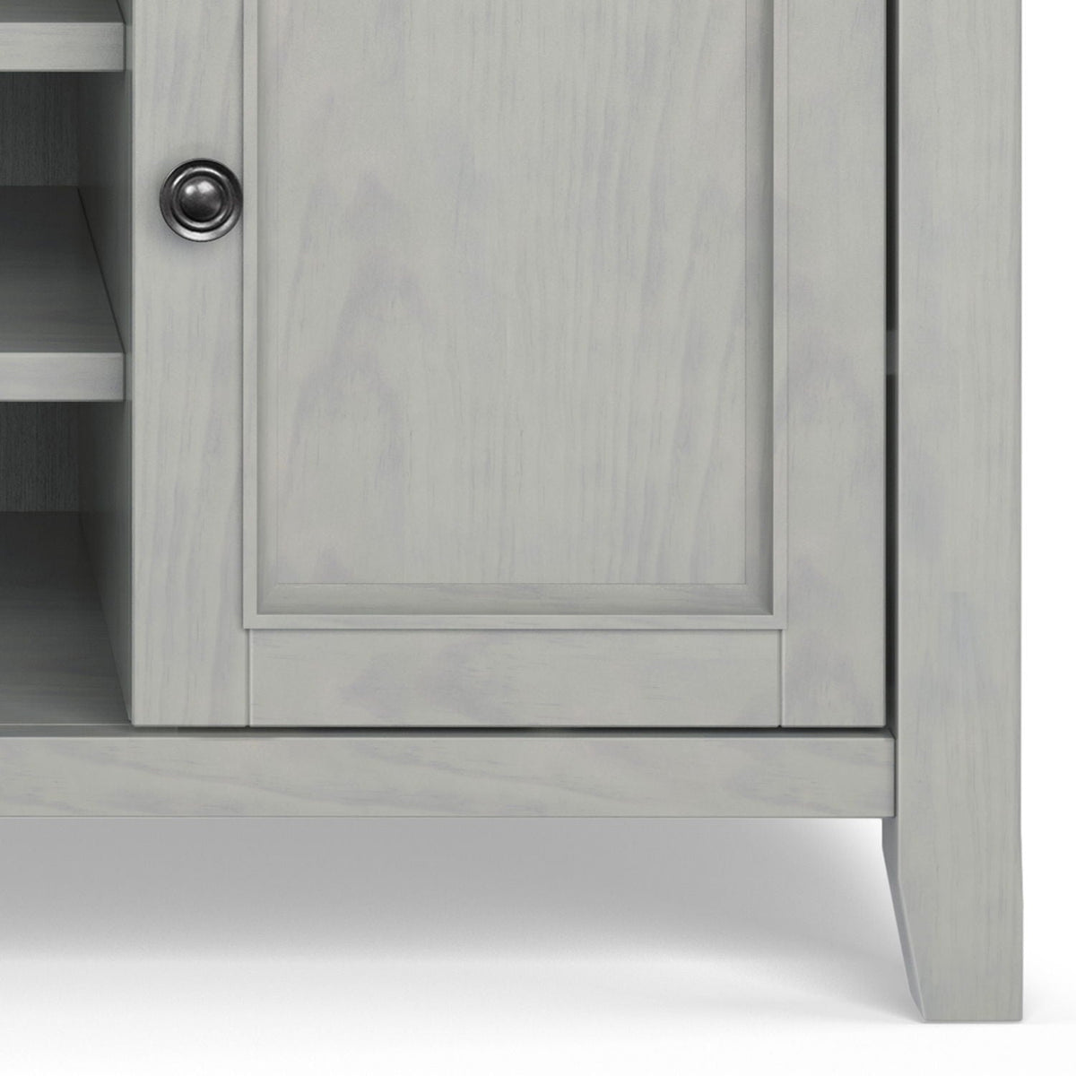 Solid wood TV stand in light gray finish with cabinet door and left open shelving on Tampa Home & Garden Store