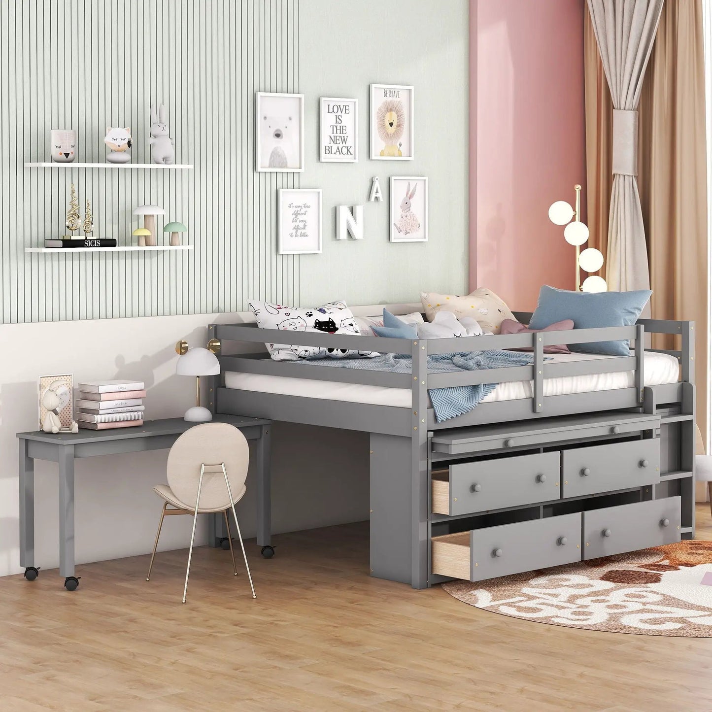 Gray loft bed with retractable desk and 4 drawers, shelves by Unique Piece Furniture on Tampa Home & Garden Store