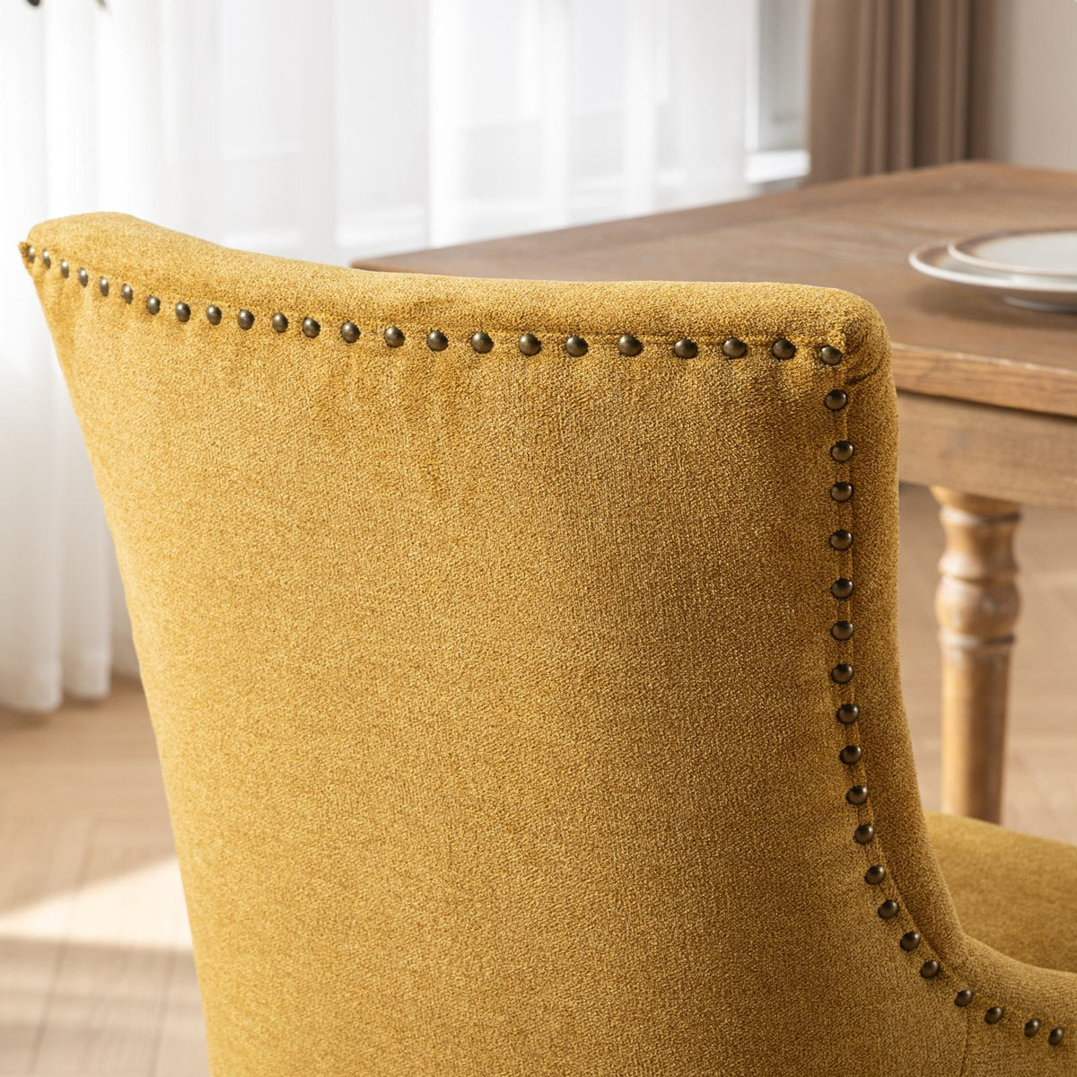 Ultra Side Dining Chair in mustard yellow fabric with nailhead trim and solid wood legs on Tampa Home & Garden Store