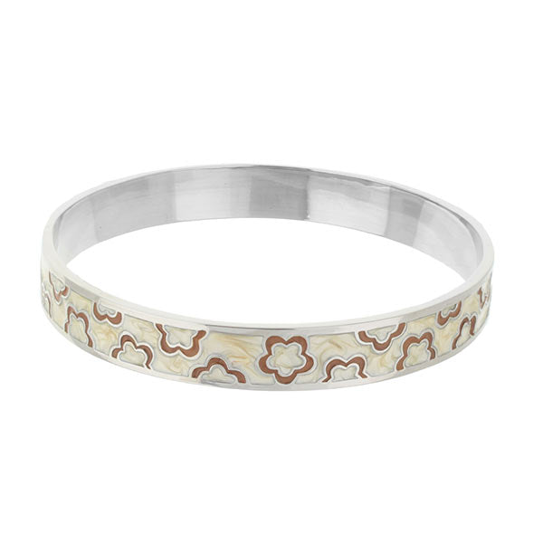 Flowers Design Slip-On Bangle with silver-tone metal and beige enamel floral pattern on Tampa Home & Garden Store