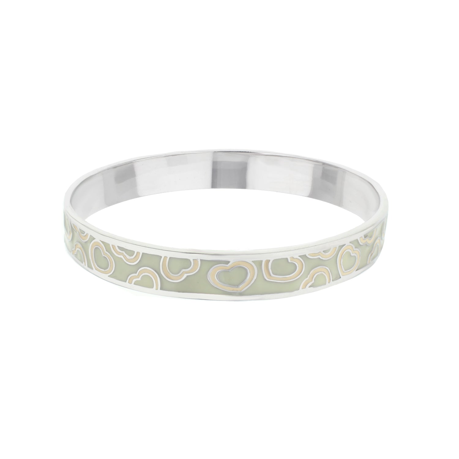 Lots of Love Slip-On Bangle, Lauren G Adams, silver cuff with pale green enamel heart motif on Tampa Home & Garden Store