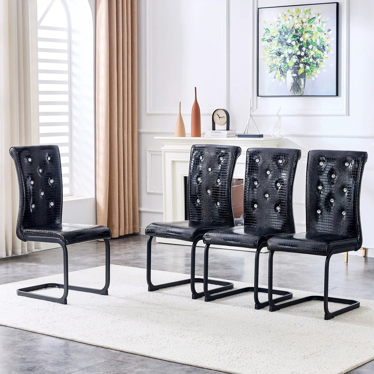 Alligator skin upholstered dining chairs set of 4 in black crocodile texture with chrome bases on Tampa Home & Garden Store