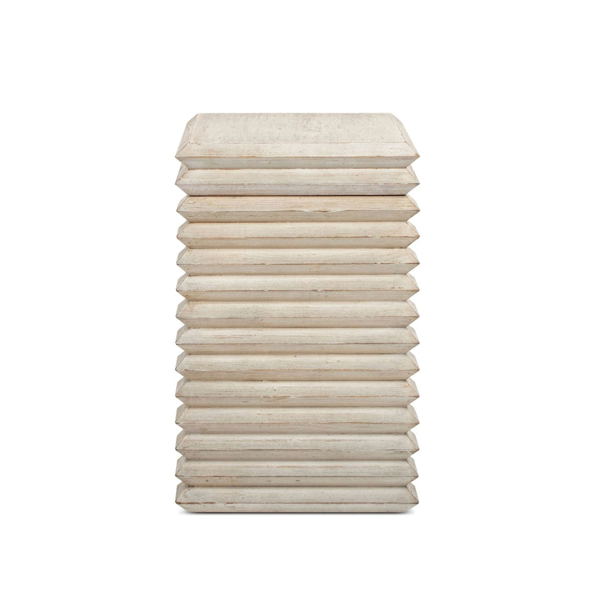 Geometric waterfall console table in whitewashed solid wood with stacked slats on Tampa Home & Garden Store