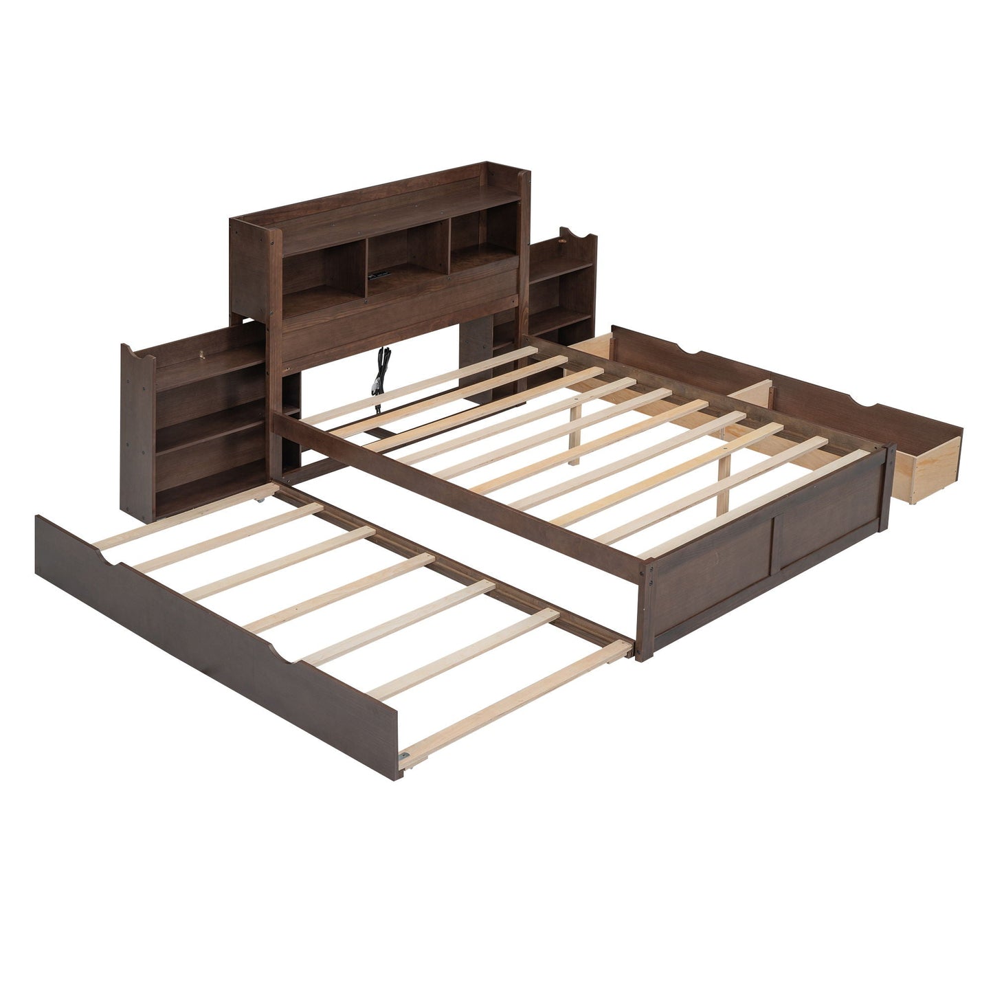 Storage Platform Bed with pull-out shelves and 2 drawers by HouseOfZazla in dark wood on Tampa Home & Garden Store