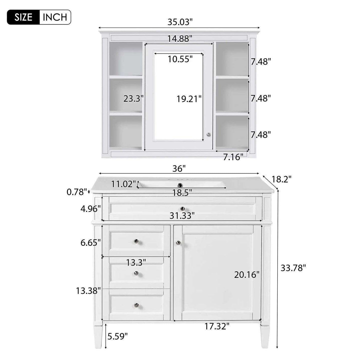 Bathroom vanity with mirror cabinet, white with 2 soft-closing doors 4 drawers single sink on Tampa Home & Garden Store