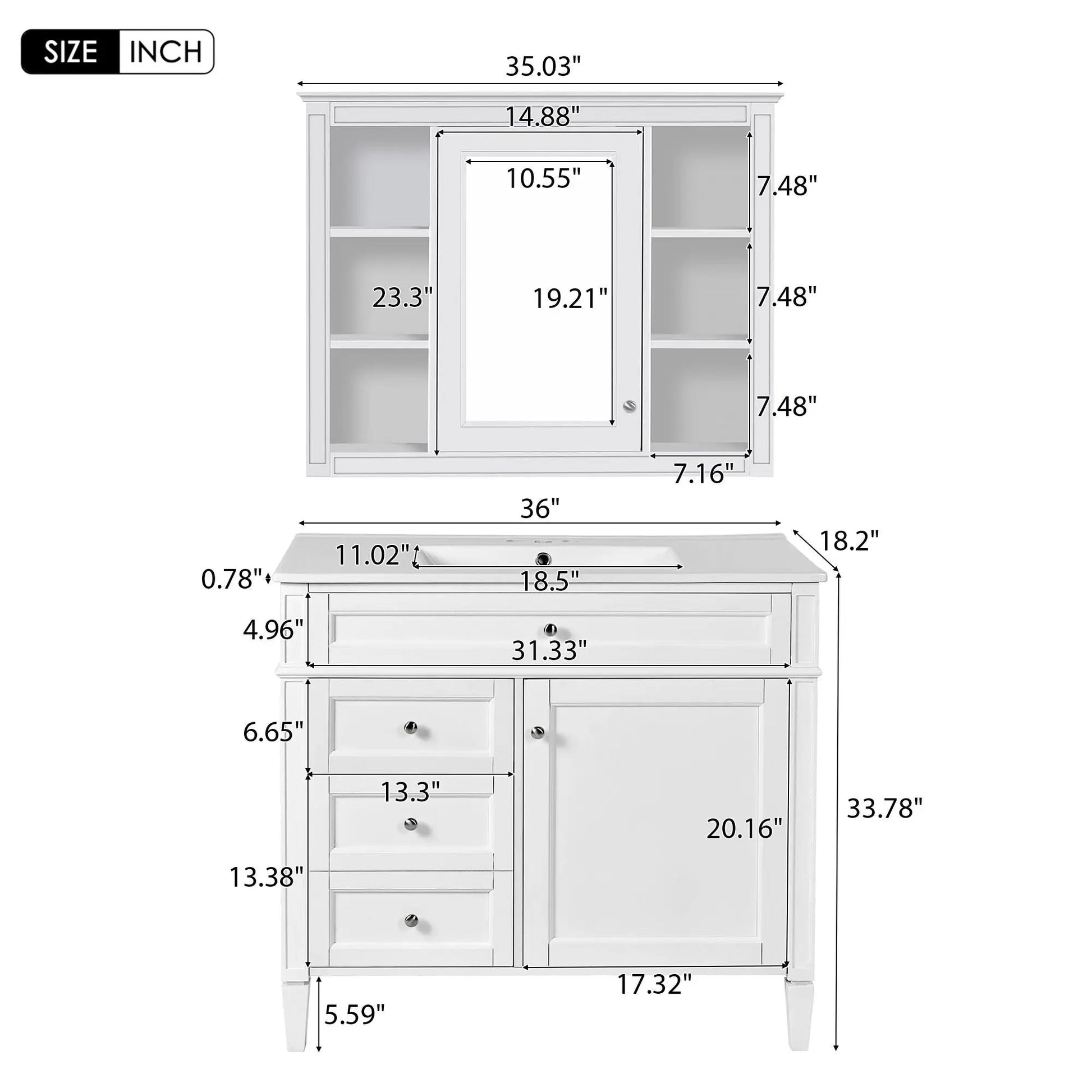 Bathroom vanity with mirror cabinet, white with 2 soft-closing doors 4 drawers single sink on Tampa Home & Garden Store