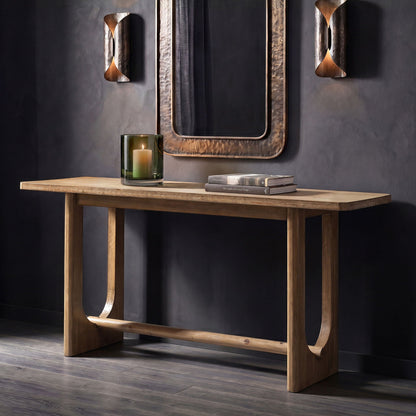 Reclaimed pine trestle console table with open base in antique brown finish on Tampa Home & Garden Store