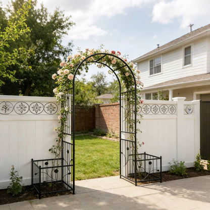 Metal garden arch in black with two plant stands for climbing roses in outdoor decor on Tampa Home & Garden Store