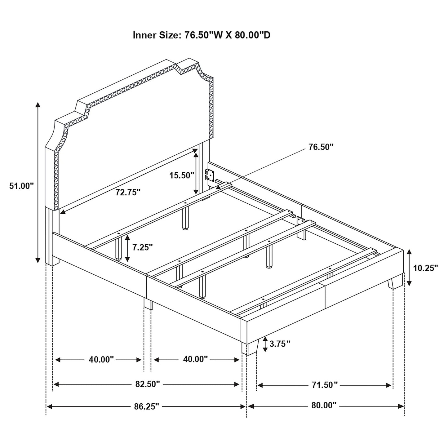 Copper Eastern King Panel Bed beige upholstered platform bed with dimension diagram on Tampa Home & Garden Store
