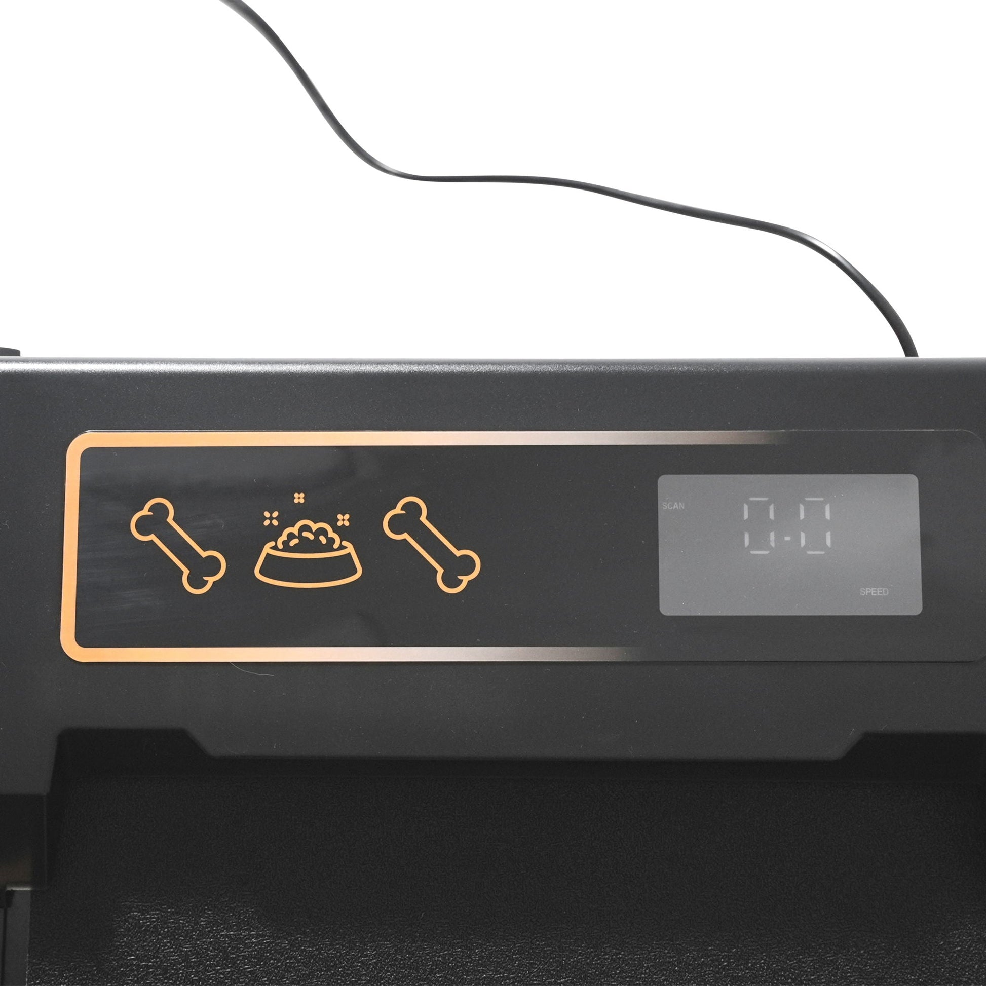 Dog treadmill front panel in black with orange trim and bone icons on control on Tampa Home & Garden Store