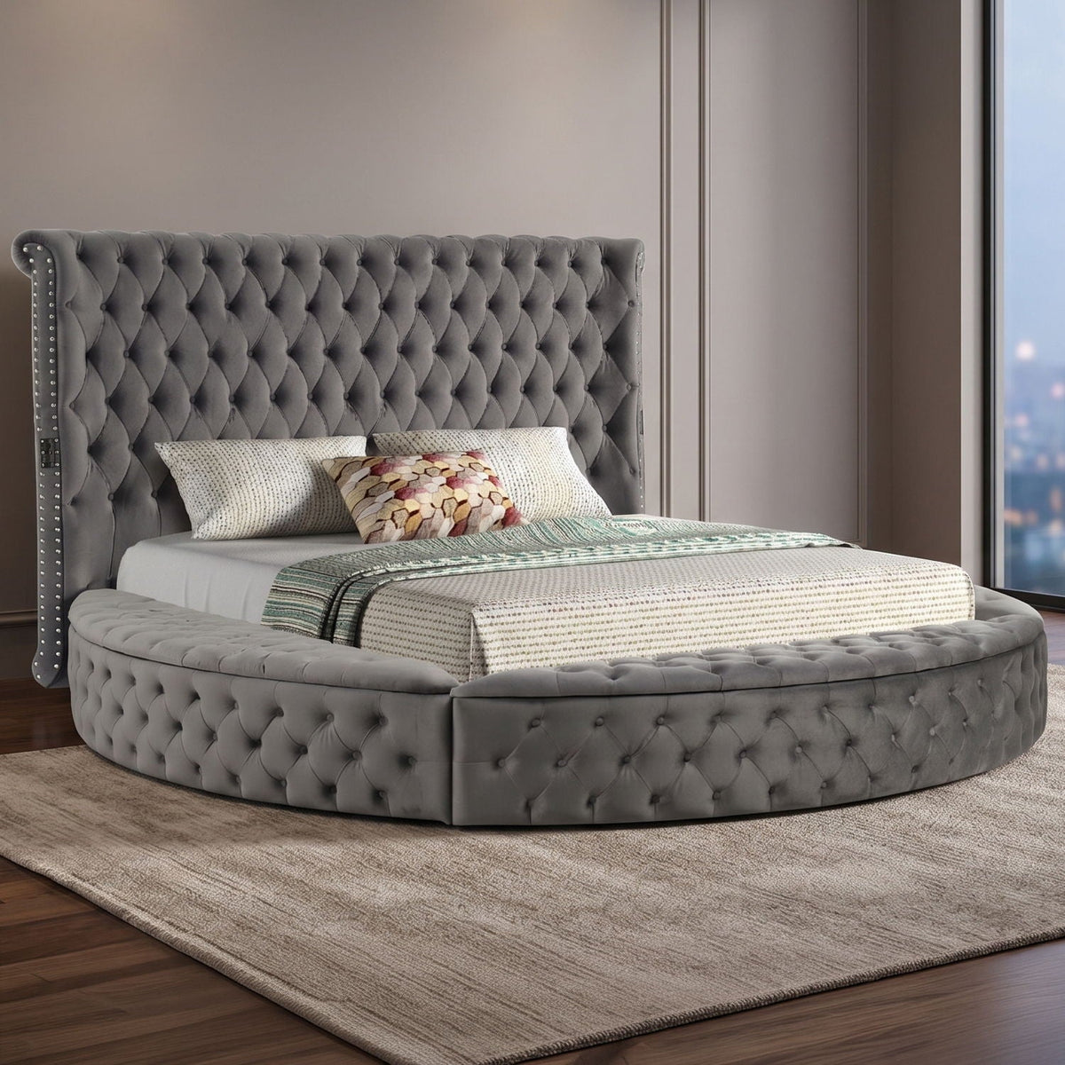 Hazel storage bed by HouseOfZazla in gray tufted velvet with nailhead trim; round platform on Tampa Home & Garden Store