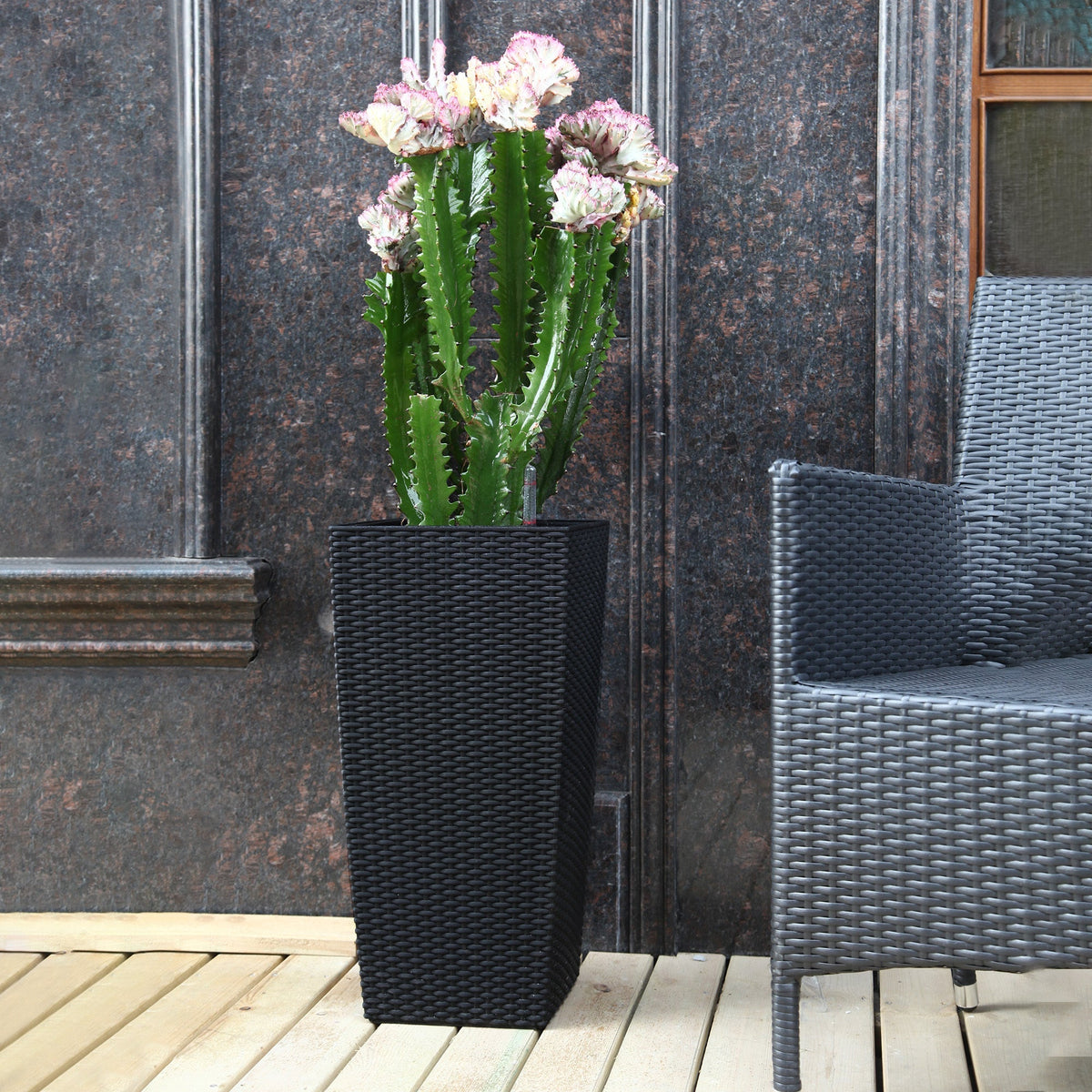 Pack of 2 black square planters with automatic watering system, woven texture on Tampa Home & Garden Store