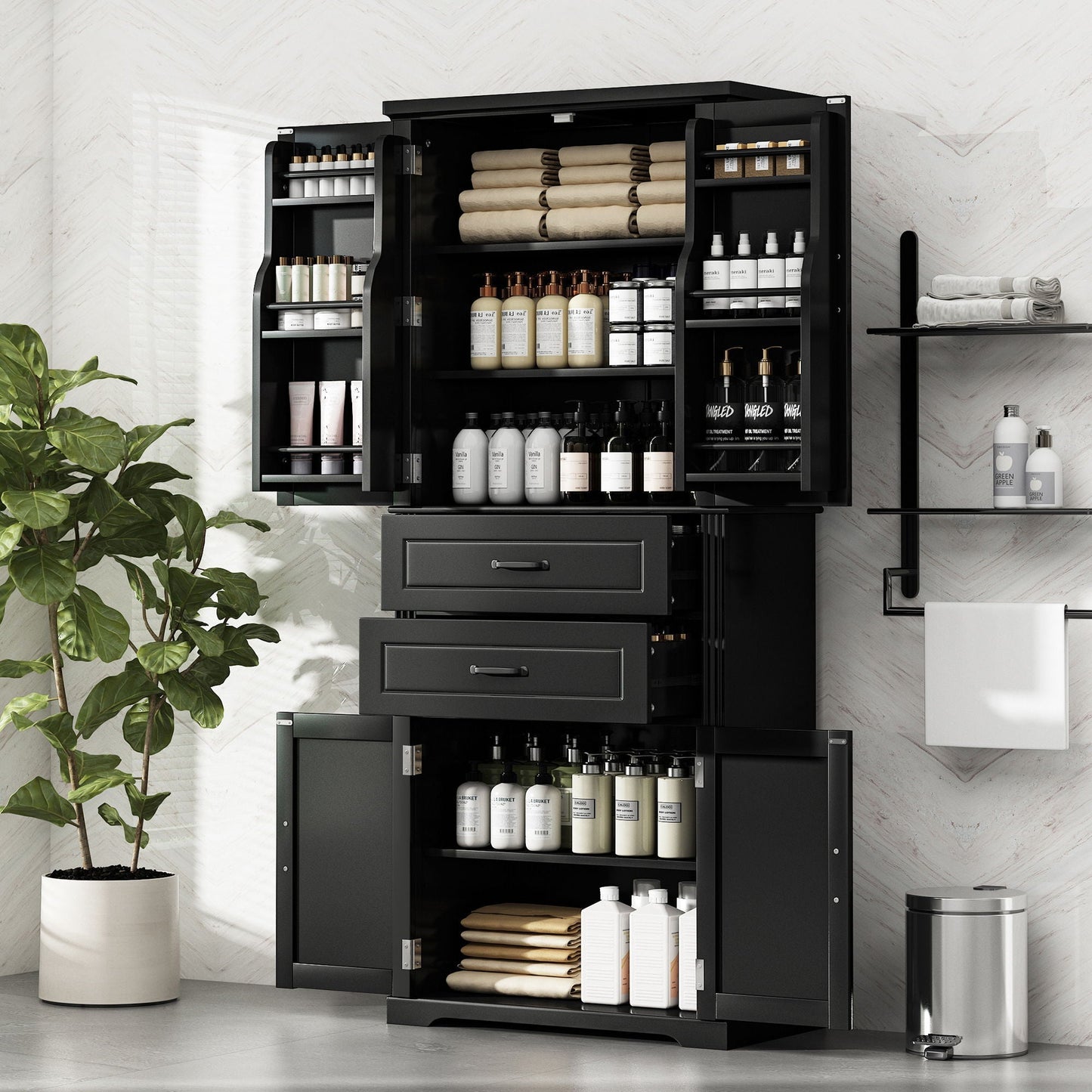 HouseOfZazla accent storage cabinet with adjustable shelves and 2 drawers in black on Tampa Home & Garden Store