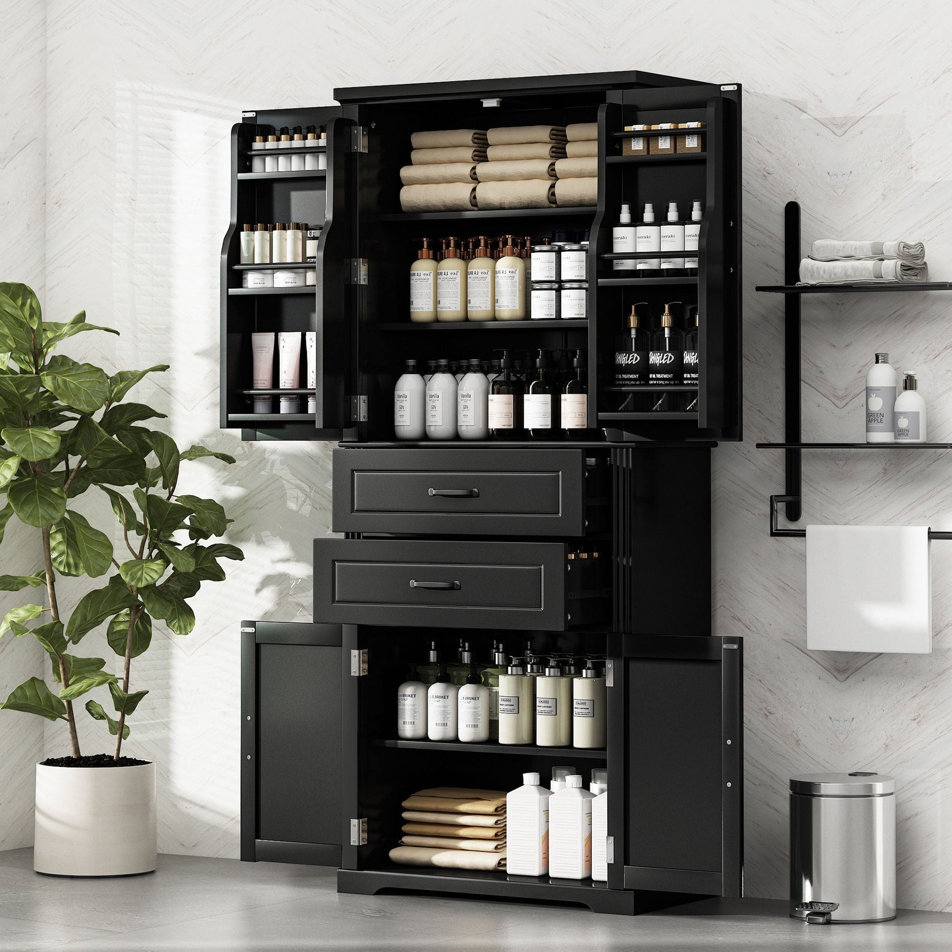 HouseOfZazla accent storage cabinet with adjustable shelves and 2 drawers in black on Tampa Home & Garden Store