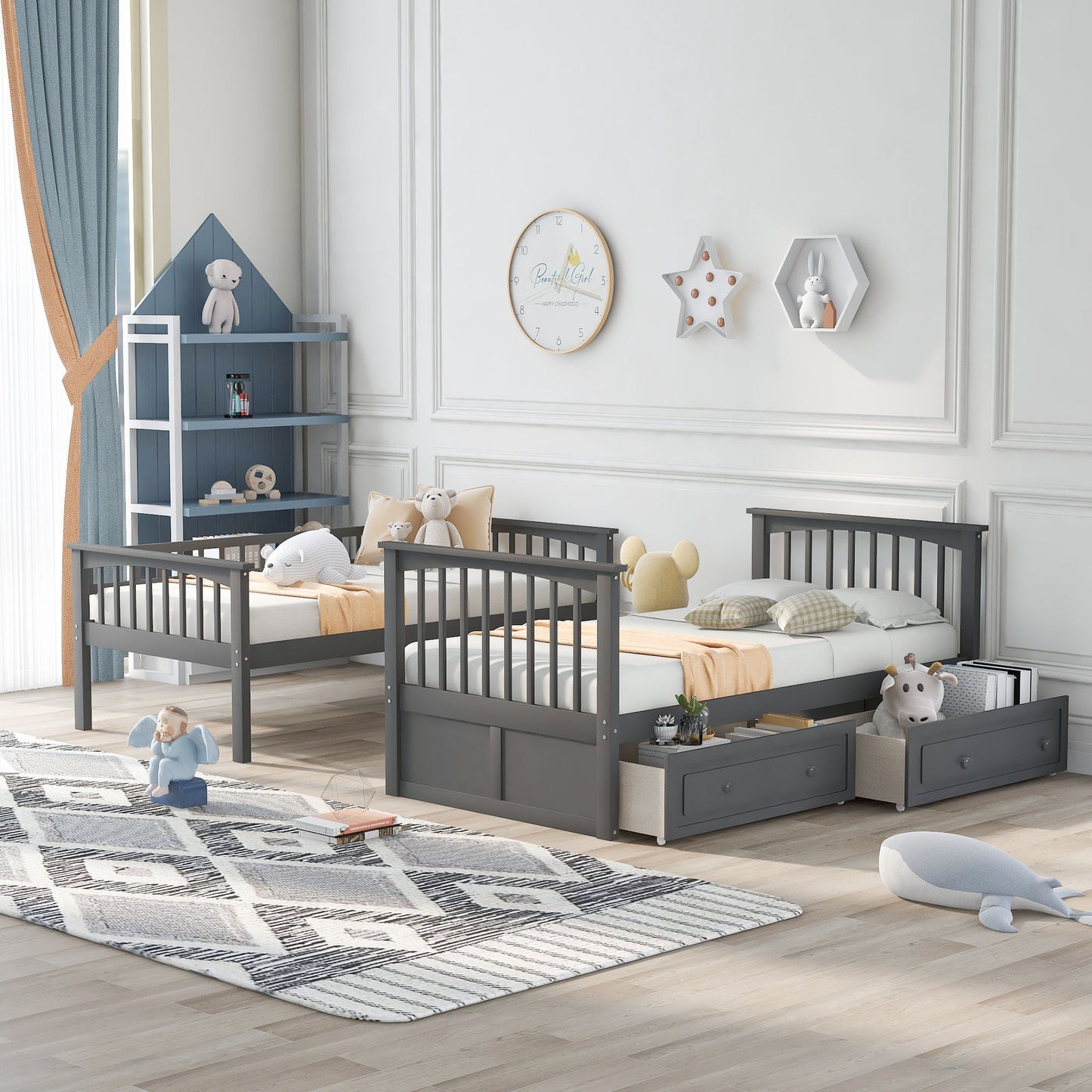 Twin over twin bunk bed with drawers gray finish HouseOfZazla convertible beds 2 units on Tampa Home & Garden Store