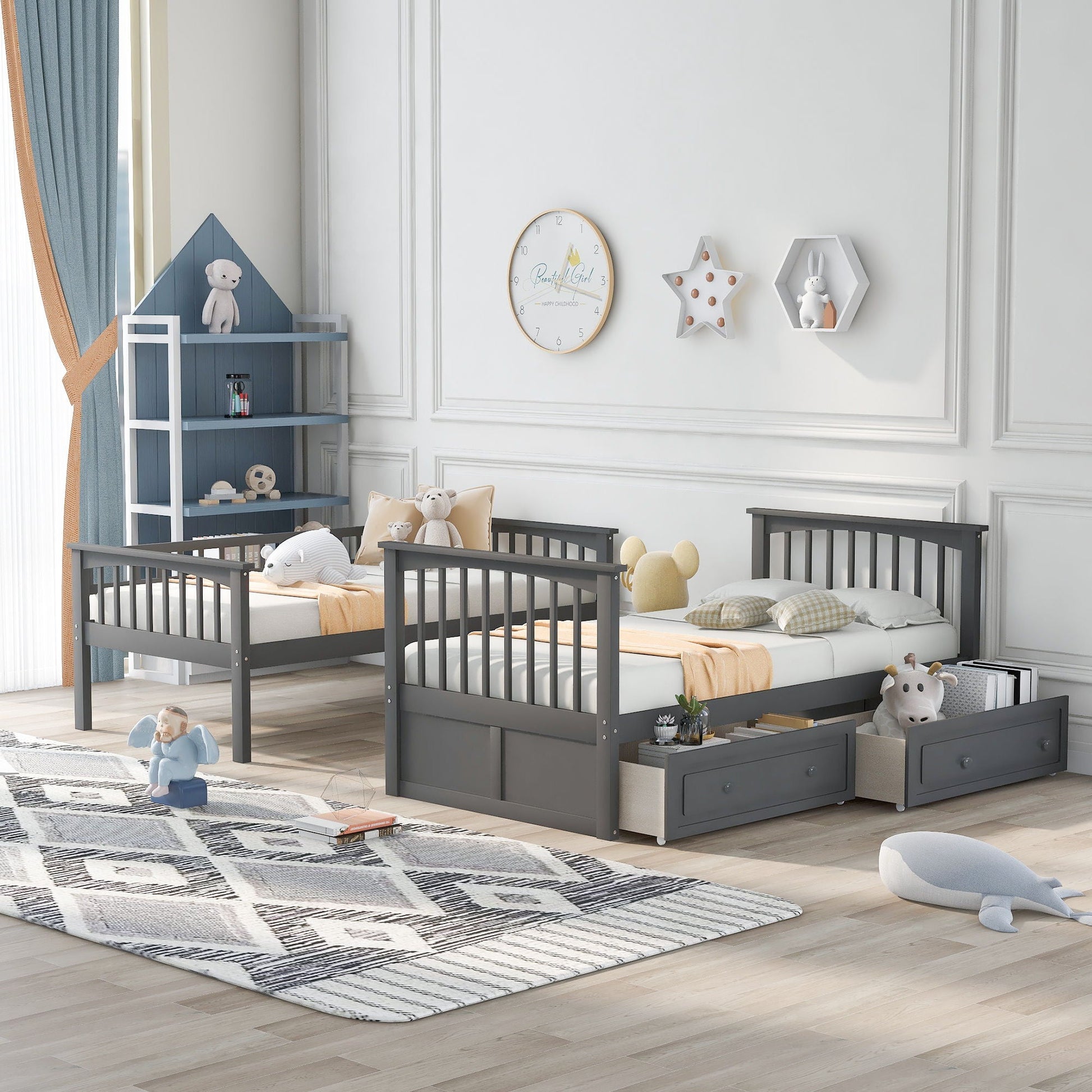 Twin over twin bunk bed with drawers gray finish HouseOfZazla convertible beds 2 units on Tampa Home & Garden Store